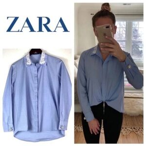 Zara | 100% Cotton Button Down Pearl Embellished Top